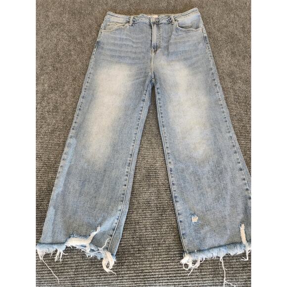 Risen Denim Blue Jeans Womens 1XL Stretch Wide-Leg Frayed Hem Casual - Picture 3 of 10